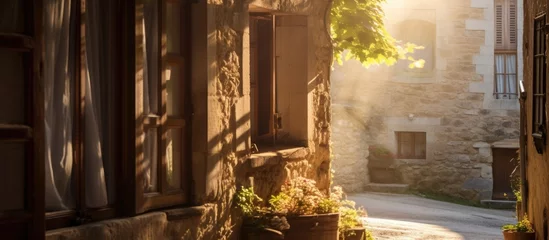 Crédence de cuisine en verre imprimé Vielles portes Sunlight shining on a window in a French village during a trip.