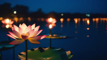 Lotus Flower Or Water Lily over bokeh background. Happy Vesak day concept. lotus water lily blooming on water surface purity nature background, aquatic plant, symbol of buddhism