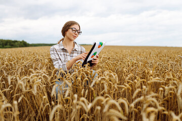 Naklejka na ściany i meble Young farmer with a digital tablet in a wheat field checks the quality and growth of the crop. Growth nature harvest. Agriculture farm.