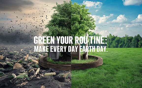 "Green your routine: Make Every Day Earth Day." contrasts a polluted landscape with a thriving green environment, urging sustainable living.