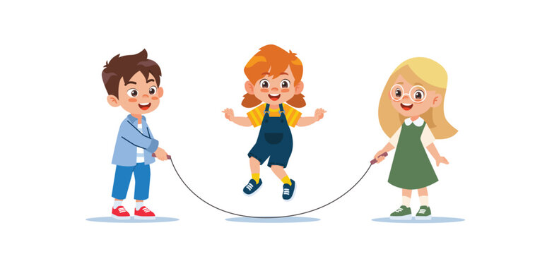 Cute boys and girls play jumping on a rope.