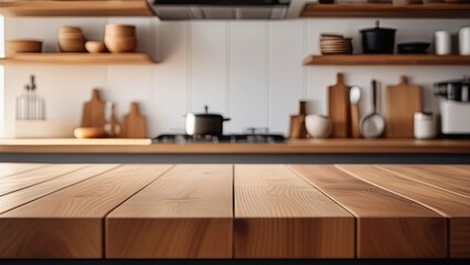 Large wooden banner on the background of a blurry light kitchen