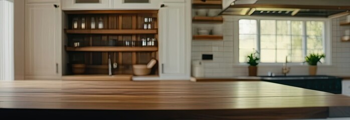 Large wooden banner on the background of a blurry light kitchen