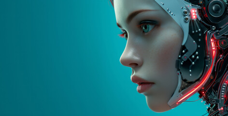 Futuristic human android robot face with head full of technology neural system. Concept of artificial intelligence.	
