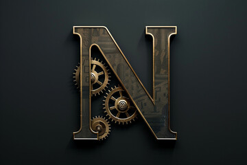 Metallic 3D steampunk alphabet, initial letter N with gears and metal texture isolated on black background. mechanical clockwork abc, beautiful unique font design for poster, banner, movie etc.  