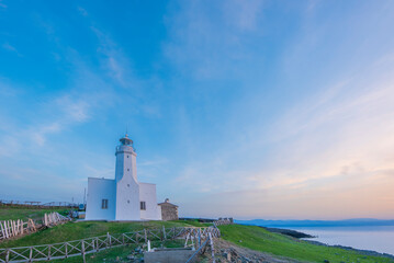 Fototapeta na wymiar Sinop İnceburun lighthouse surroundings blue sky and sea sun in sunset light