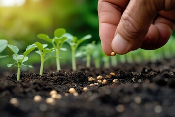 Obraz premium Close up human hand plants a grain in fertile soil among new green shoots. Harvest, gardening, rebirth concept