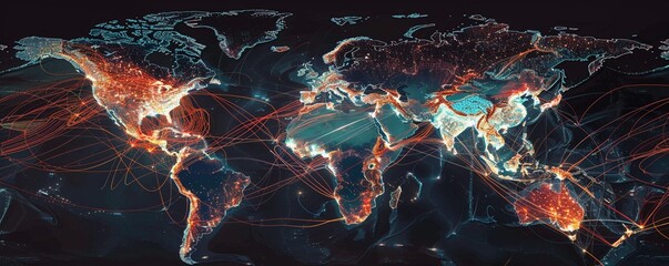 Dynamic logistic networks visualized over a global map - obrazy, fototapety, plakaty
