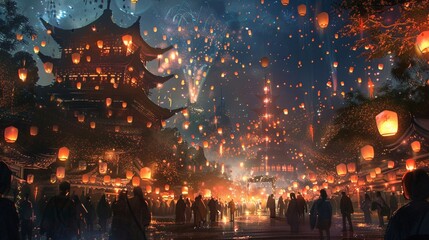 Festival of lanterns the night sky ablaze with light - obrazy, fototapety, plakaty