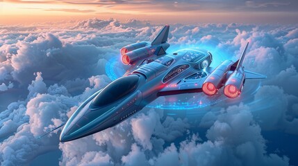Futuristic aircraft with advanced nanotechnology skin glowing interfaces - obrazy, fototapety, plakaty