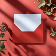 a premium red envelope with white card with no texts, around beige envelopes on background. ai generated