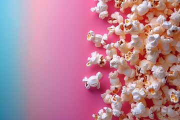 A scattering of popcorn in pop art style on a uniform bright background. Space for text on the left.