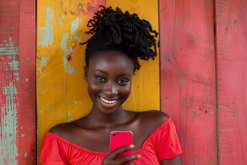 Beautiful black girl in a red dress holding a red phone and smiling. Rustic background, good vibes. 