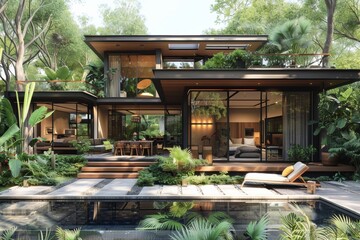 Concept of a modern Balinese glass villa.