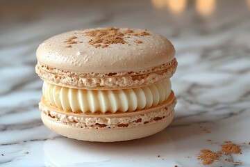 Delicately creamy macaron lies on a marble background. One large macaron with vanilla decoration.