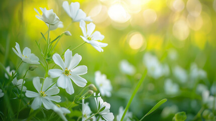 A field of white flowers with green grass in the background