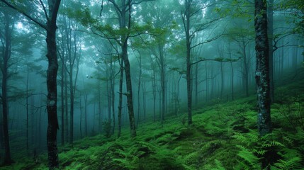 Obraz premium Misty dark green forest