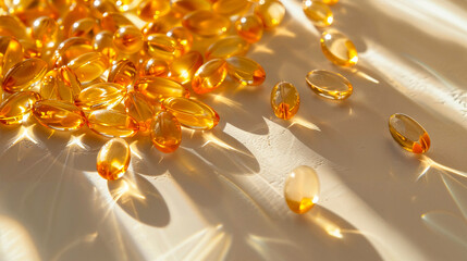 un puñado de pastillas de vitaminas amarillas colocadas sobre una superficie blanca con reflejos de luz y sombras - obrazy, fototapety, plakaty