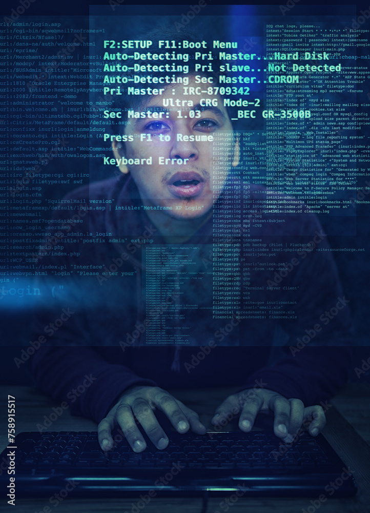 Poster Code, man and typing with with programming, holographic and hacker with industry and server. Person, dark room and keyboard with guy and holographic with software development, app and cyber security