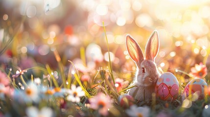 Easter colored eggs and cute rabbit on flower field. Generative AI