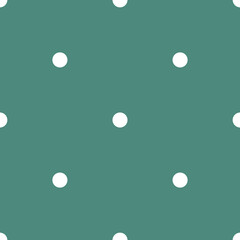Seamless vector pattern with white polka dots on a retro mint green background. For desktop wallpaper, web design, cards, invitations, wedding or baby shower albums, backgrounds, arts and scrapbooks