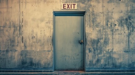 Closed door of an empty room with sign plate exit on it. Generative AI