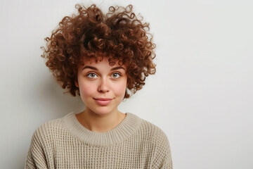 Casually dressed curly-haired woman smiling