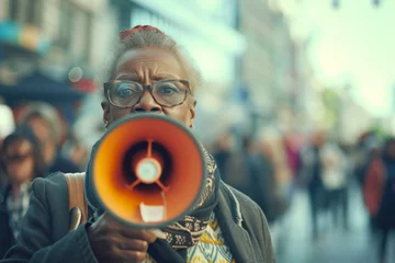 Fotobehang Old elderly African American woman stands with a loudspeaker in her hands and says something loudly to the street crowd at a rally. Concept of women's freedom of speech, women's rights © Sunny
