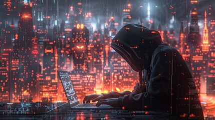 Anonymous hacker sillhouette with hoodie in front of laptop stealling data on red digital hologram. Concept of cybercrime, cyberattack and dark website. Generative AI.