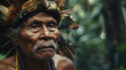 Close up picture of eldery male wearing head accessories of  traditional Dayak on green forest background. Borneo tribe concept. Generative AI. - obrazy, fototapety, plakaty