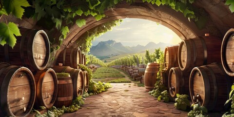 Wine barrels in a cellar with hills and plantations, Wooden barrels near the vineyard - obrazy, fototapety, plakaty