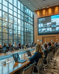 Business professionals communicating at modern conference, seminar or meeting. Young and mature people meeting in the office and having discussions. Generative AI.