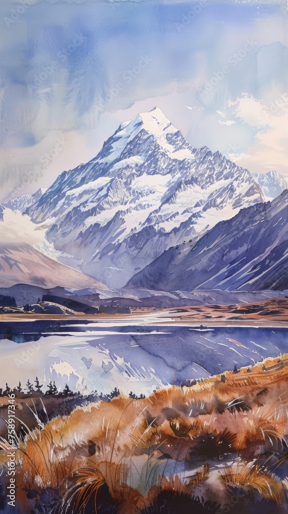 Poster a painting of a mountain with a lake in the foreground. the mountain is covered in snow and the lake