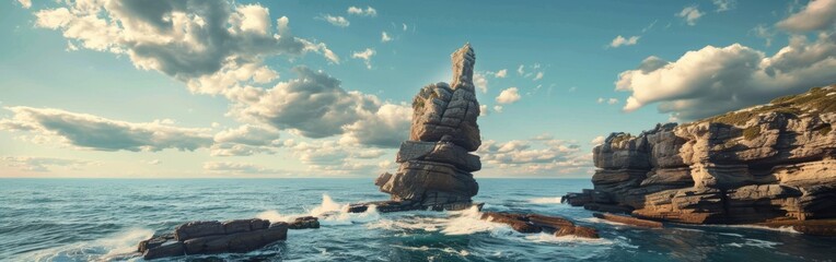 A rock formation rises from the ocean waters, standing resilient against the waves. The formation is surrounded by open sea under the vast sky. - Powered by Adobe
