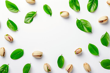 Fresh green pistachios with natural leaves on white backdrop