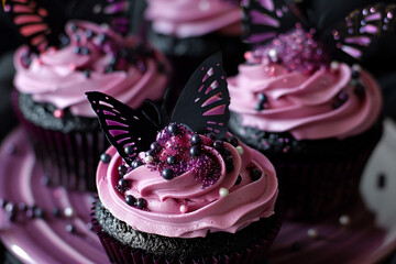 gothic cupcakes, black cake with purple buttercream - obrazy, fototapety, plakaty