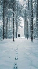 A person is walking through a forest blanketed in snow. The individual is surrounded by tall trees with snow-laden branches, creating a wintry scene.