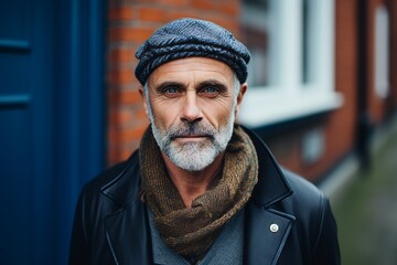 Handsome senior man with grey beard wearing a woolen hat and scarf, standing in front of a brick wall
