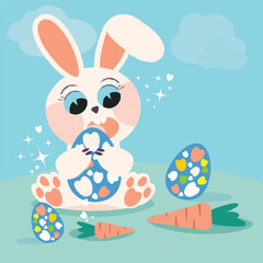 Easter Bunny. Carrot, eggs and bunny in pastel colors. Surprised easter bunny with egg.