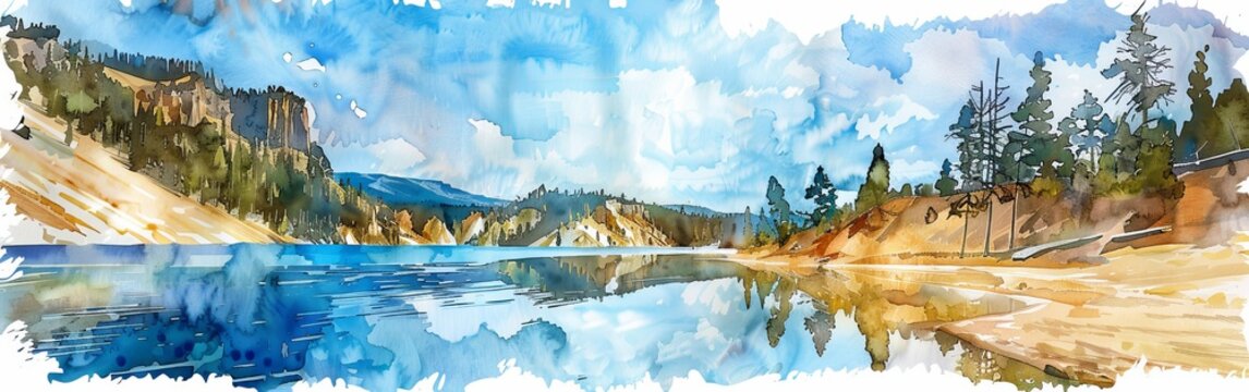 A watercolor painting depicting a mountain lake with clear blue waters surrounded by lush green trees and rocky cliffs. The reflection of the mountains on the lake creates a stunning visual effect.