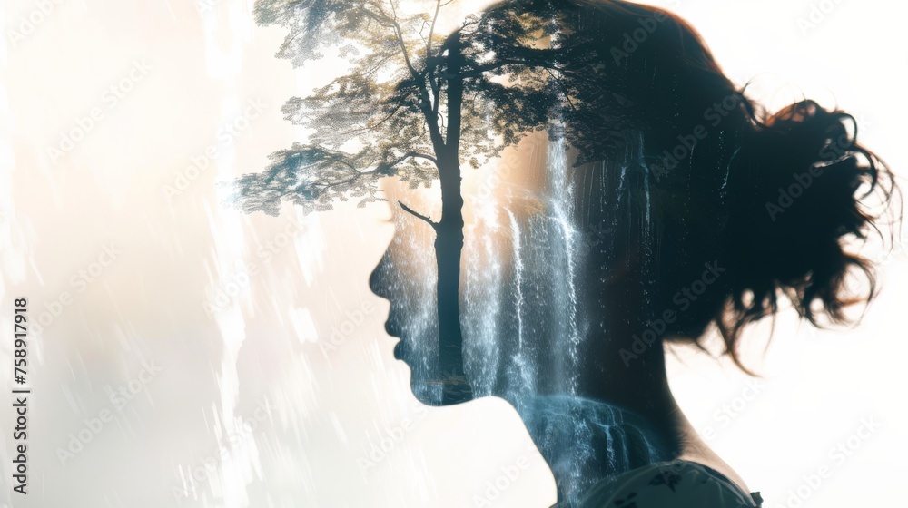 Poster a woman with an intricately detailed tree superimposed over her head, symbolizing a deep connection 