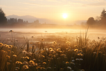 Meadow along a marshland at dawn or sunset