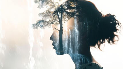 A woman with an intricately detailed tree superimposed over her head, symbolizing a deep connection with nature and growth. The tree branches intertwine with her hair, creating a stunning visual repre - obrazy, fototapety, plakaty
