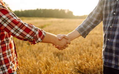 Handshake. Two farmer standing and shaking hands in a wheat field. Agricultural business.