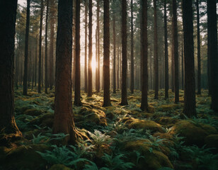 Sunset Rays Filtering Through a Mossy Forest - obrazy, fototapety, plakaty