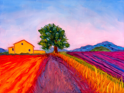 Contemporary impressionism oil painting of a Tuscan landscape with a house farm and hills in the background. Impressionism. Art.
