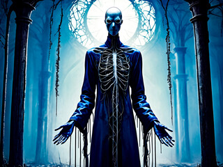 A skeleton wearing a blue robe stands in front of a window