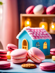 A blue house with a pink roof sits next to a tray of pink and white macarons