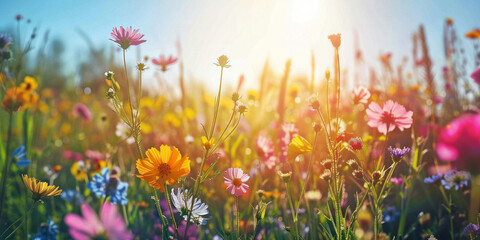 Beautiful field of wildflowers with sun shining in background, peaceful and vibrant nature scene
