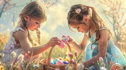 Two girls on a flower meadow looking for colorful easter eggs. Generative AI
